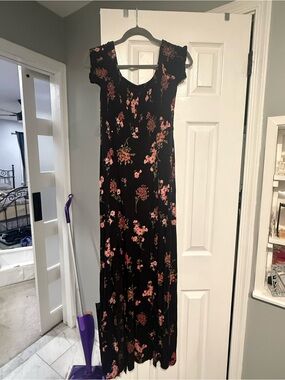 Express Black Maxi Dress with Pink Floral Print